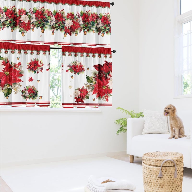 SUNWISHA Christmas Poinsettia Curtain Valances Set - Upper & Lower Curtains, 52'' L x 18'' W & 36'' L x 26'' W, Kitchen Windows Decor, 3 Piece Set, Red - Image 3